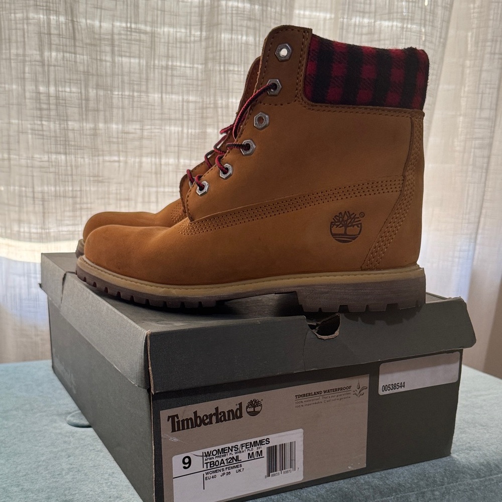 Timberland Women's Tan Boots with Red Plaid